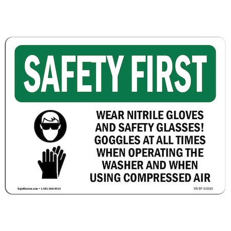 Signmission OSHA Sign, Wear Nitrile Gloves And W/ Symbol, 18in X 12in Decal, 18" W, 12" H, Landscape OS-SF-D-1218-L-11010